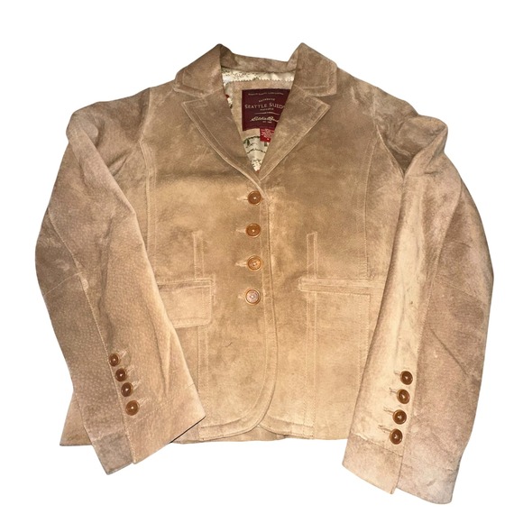 Eddie Bauer Womens Tan Suede Blazer Jacket Petite M Washable‎ Genuine Leather